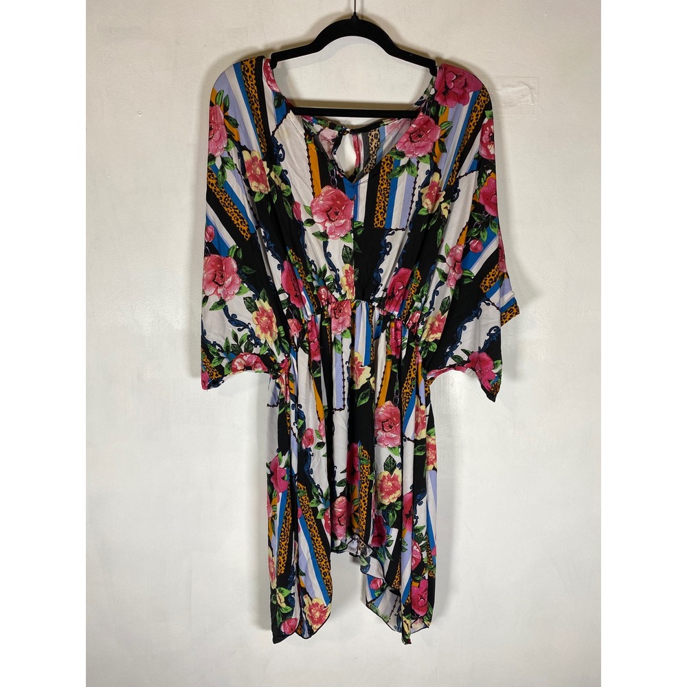 Lildy L/XL Floral Kimono Sleeve Tunic Asymmetrical Hem Boho‎ Maximalist Bold